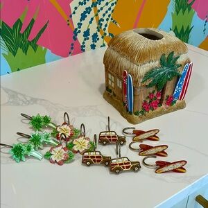 Surfer Kahuna Tropical Shower Curtain Hooks Set and  Tissue Holder